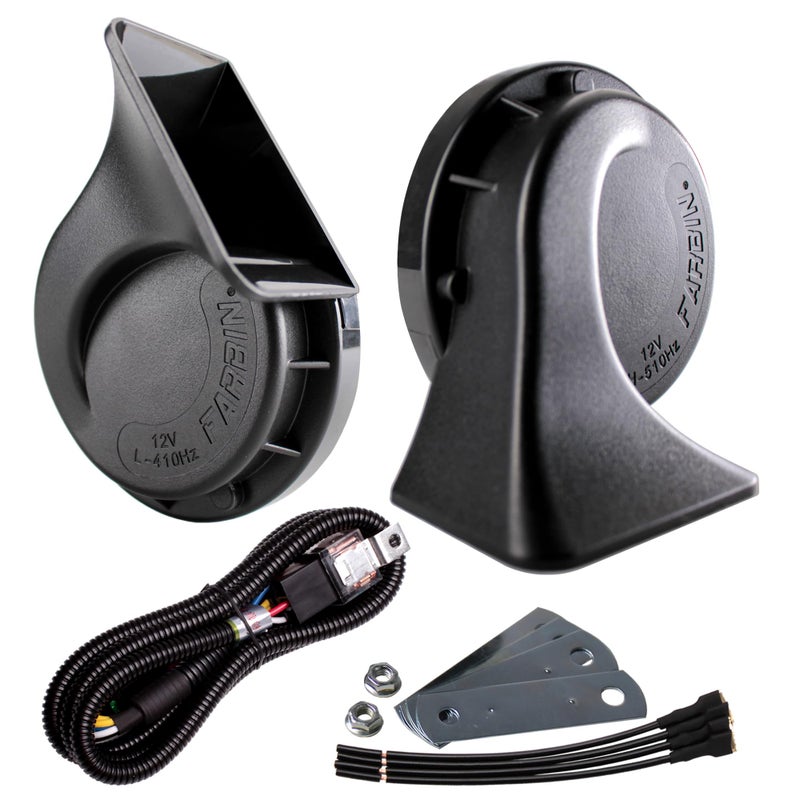 FARBIN Waterproof Air Horn 12V Car Horn Loud Dual-Tone Electric Snail Horn Kit with Relay Harness for Truck Train Motorcycle (Black horn with harness) - Image 1